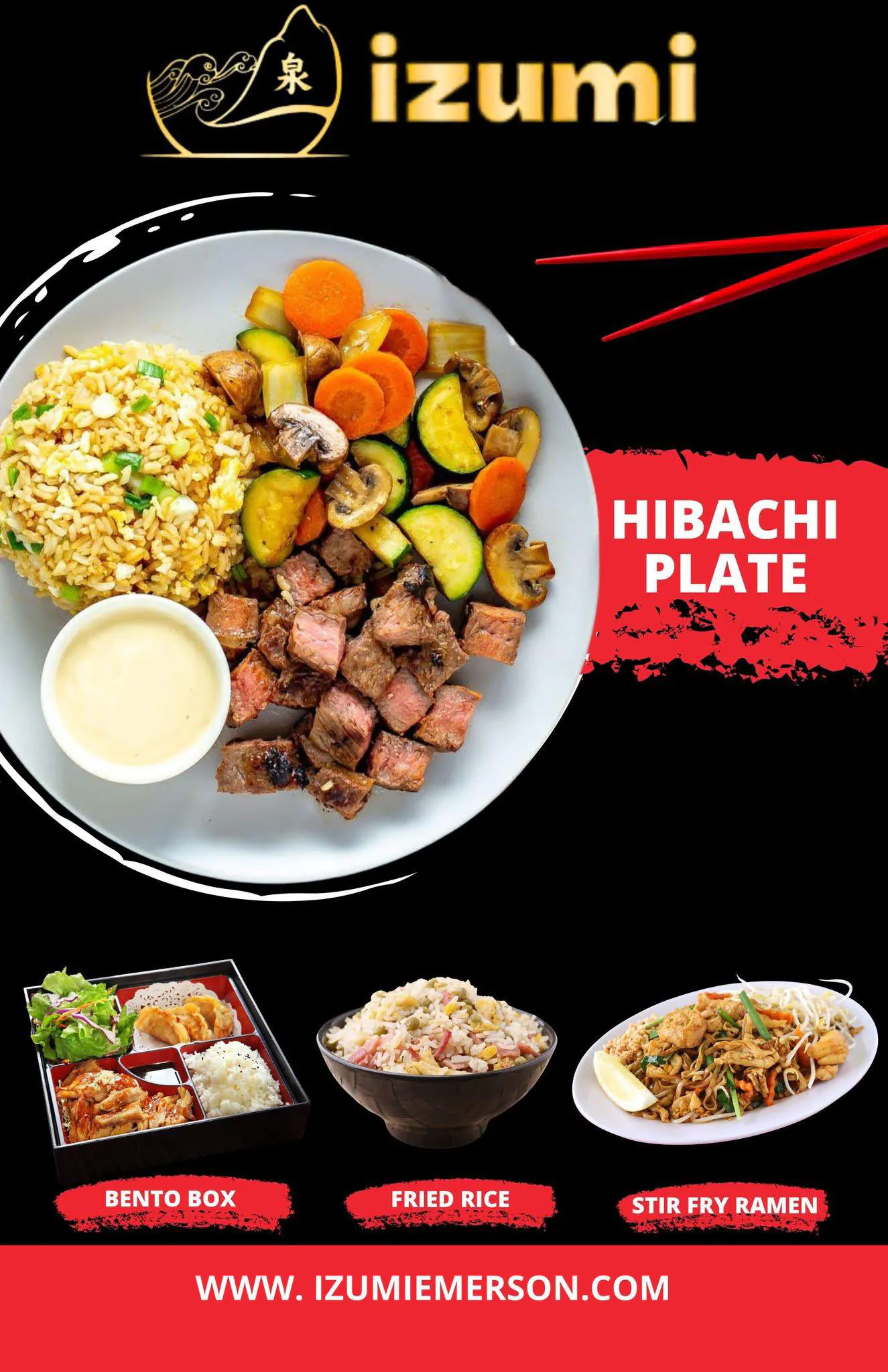 A promotional image for Izumi restaurant's menu. It showcases four main dishes: a Hibachi Plate, Bento Box, Fried Rice, and Stir Fry Ramen.